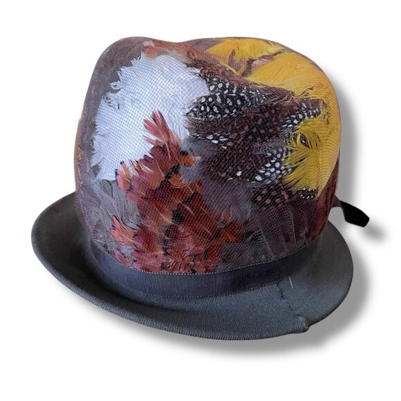 Vintage 1960s Womens Pheasant Feather Hat Angel Designs Brown Wool Dress Toque - Picture 5 of 16